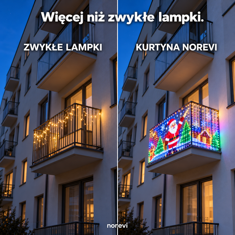 Świąteczna aranżacja kurtyny LED 2 × 2 m na balkonie